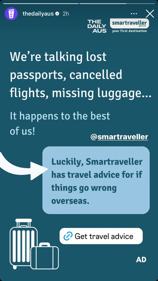 Smartraveller Instagram story with The Daily Aus