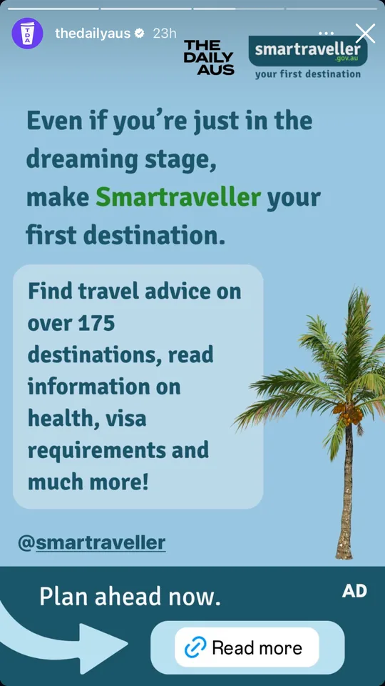 Smartraveller Instagram story with The Daily Aus